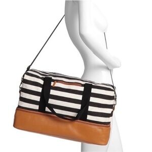 DSW Black and White Striped Travel Duffel with Tan Leather trim